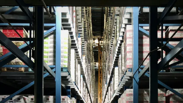 High-bay AS/RS aisle with a stacker crane mast between blue racking