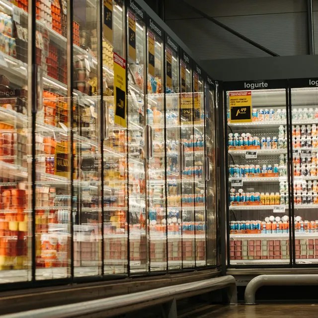 Glass-door refrigerated display cases lining a supermarket dairy aisle