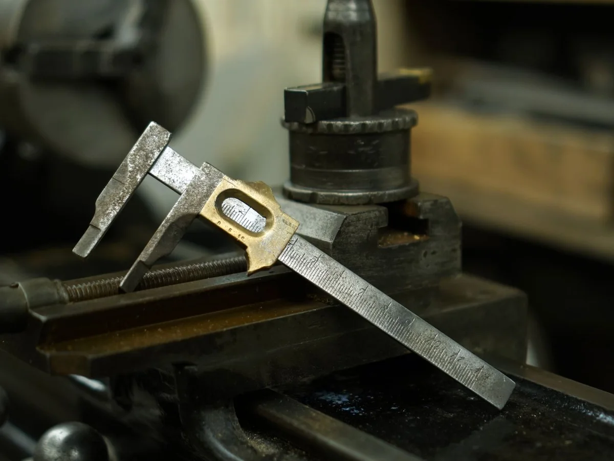Precision vernier caliper resting on a metalworking lathe